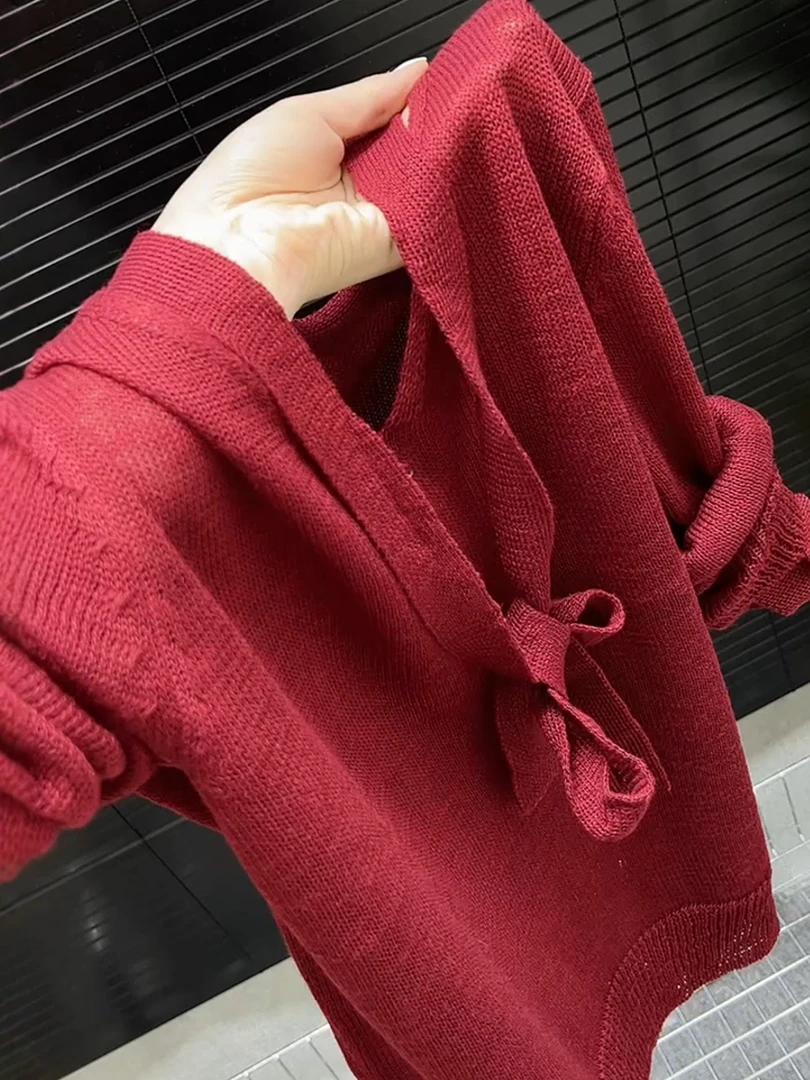 十三行韩系慵懒风软糯系带罩衫女秋季气质显瘦V领套头针织衫上衣