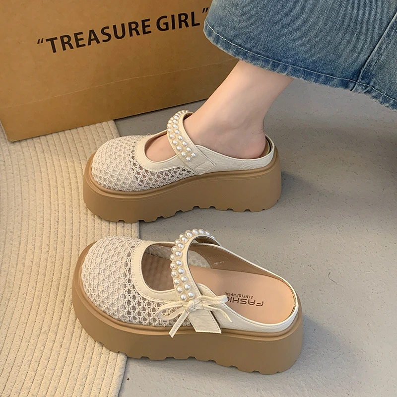 厚底增高勃肯鞋网面包头半拖鞋女夏外穿2025新款一脚蹬渔夫凉拖鞋