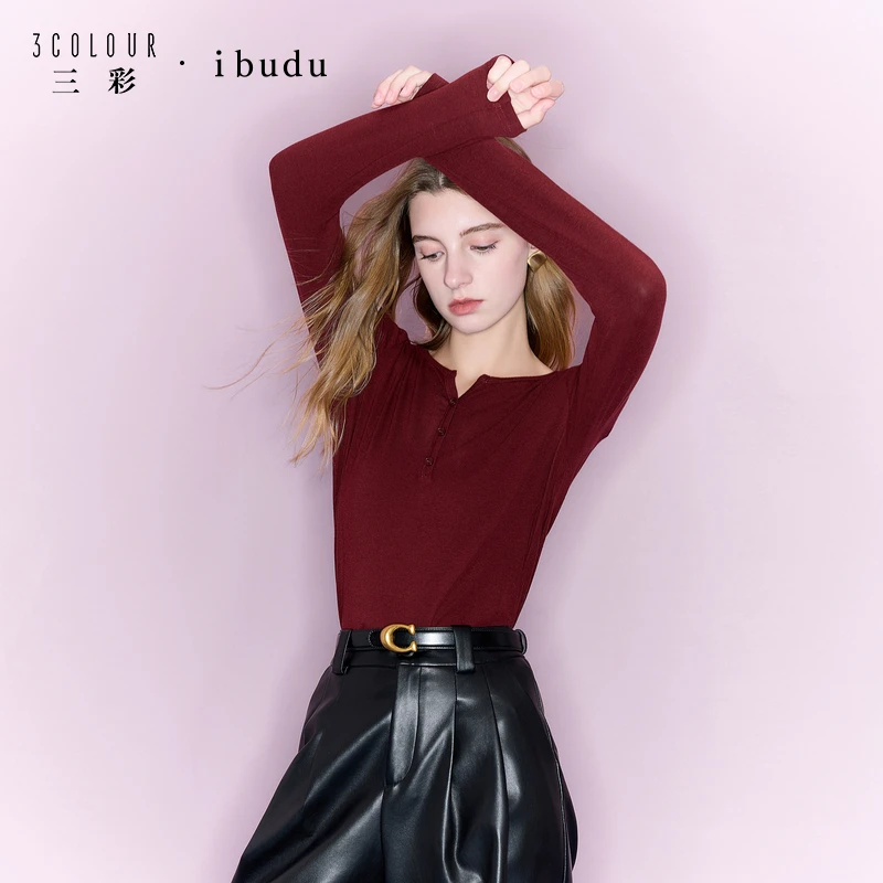 三彩ibudu2025冬季新款纯色T恤圆领修身套头衫内搭简约女