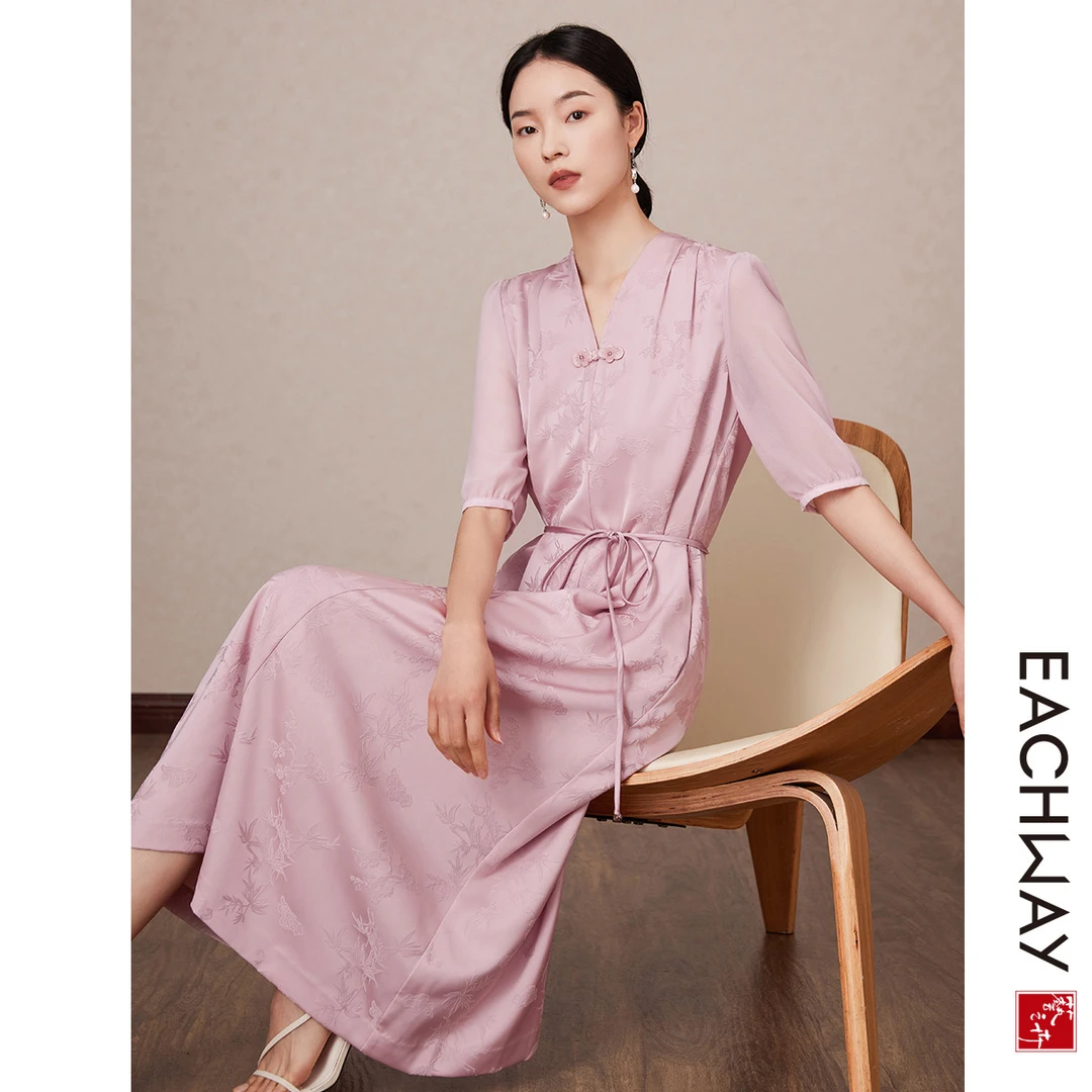 1S42L0003013唐朝气质v领连衣裙女夏季高级感a字裙