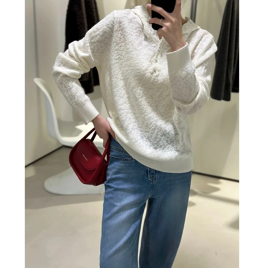 MEIZHENZI【绵羊毛蕾丝帽】钩花镂空连帽针织衫女内搭单穿气质上衣
