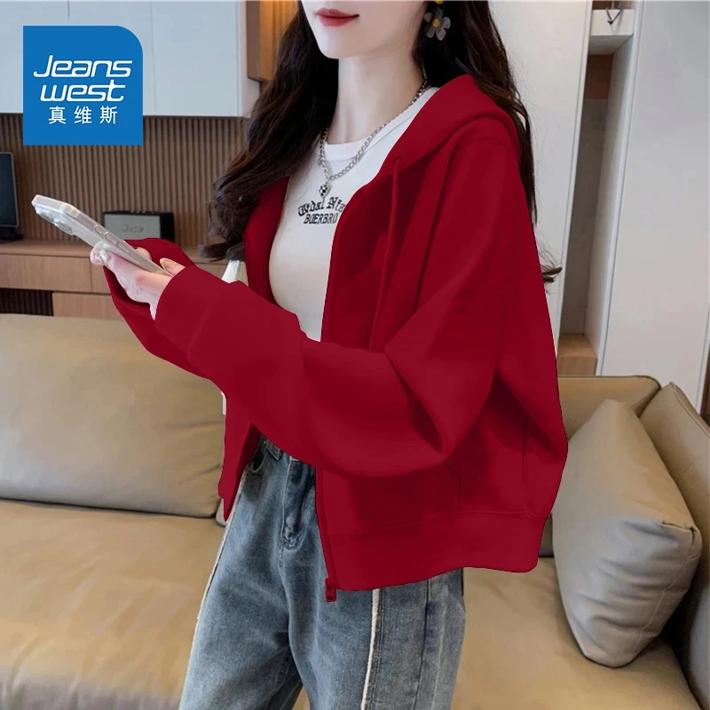 真维斯开衫卫衣连帽女2025爆款外套红色早秋女上衣新款美式短款H