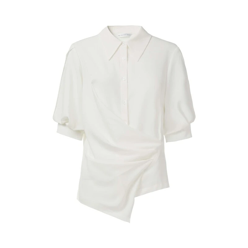 sdeer圣迪奥女装时尚OL风翻领不规则泡泡袖雪纺短袖衬衫S24280407