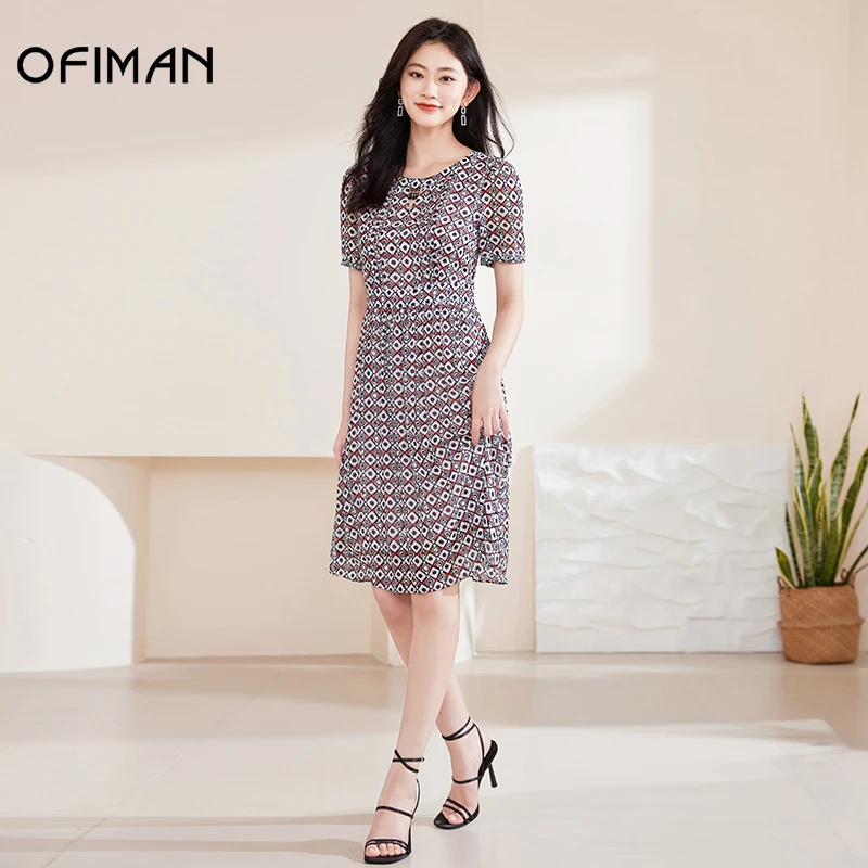 【粉丝专属】Ofiman100%桑蚕丝简约几何图形印花圆领修身真丝连衣裙