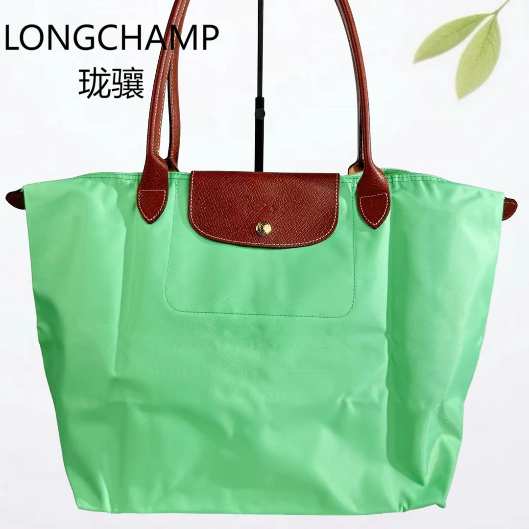 99新 LONGCHAMP/珑骧 绿拼棕降落伞手提包G25804224底长30X30