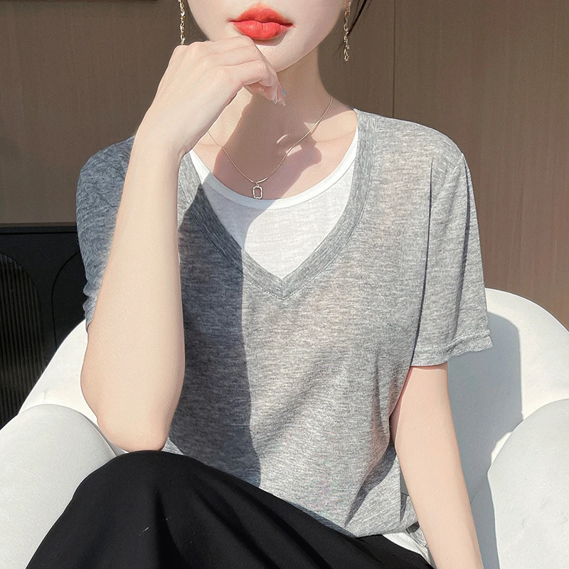 春夏亲肤新款莱赛尔舒适百搭假两件针织上衣显瘦气质短袖撞色拼接