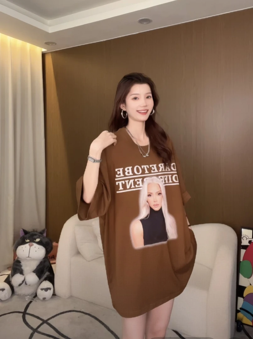 2025年夏季新款欧美复古印花休闲宽松百搭遮屁股大版T恤60008