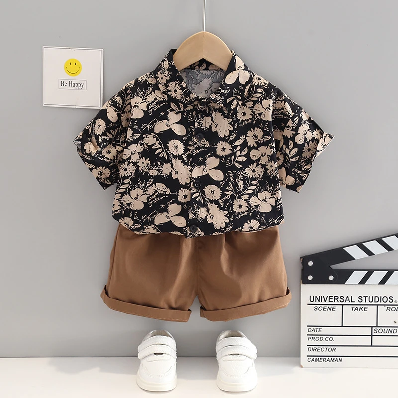 夏季短袖套装2025新款宝宝夏季衣服男宝宝港风大花短袖两件套