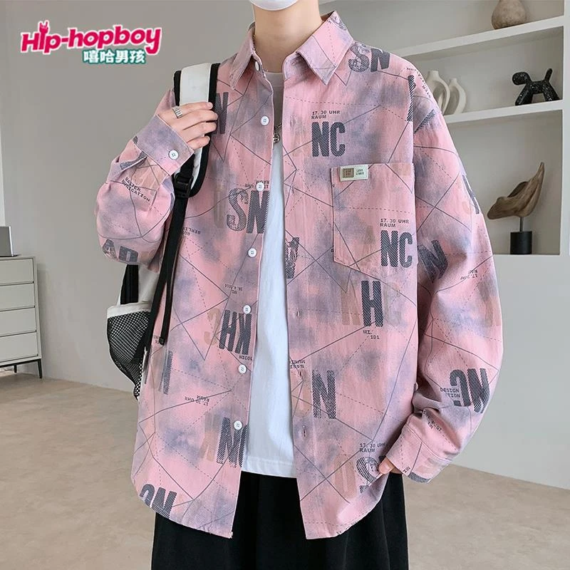 纯棉粉色长袖衬衫男士春秋季宽松潮牌痞帅高中学生工装衬衣外套男