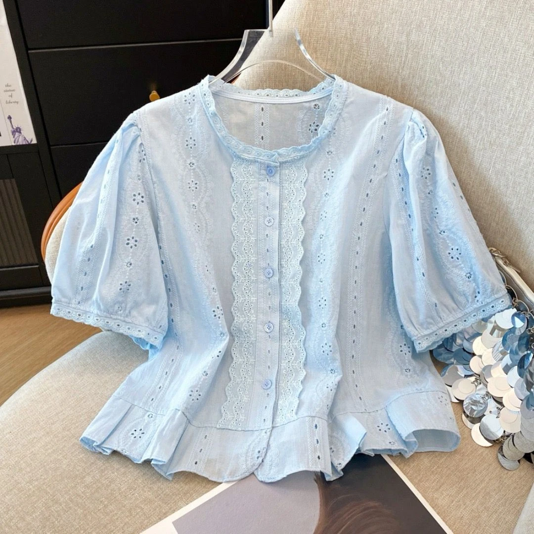 纯棉泡泡袖短袖夏季法式圆领短袖衬衫镂空小众韩版设计感短款衬衣