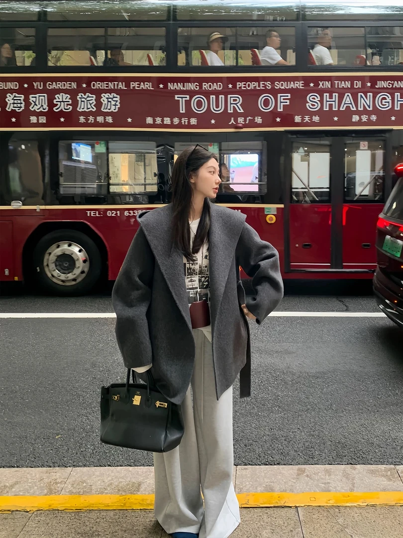 宽松连帽双面羊毛大衣女短款显瘦个性小个子气质系带毛呢外套