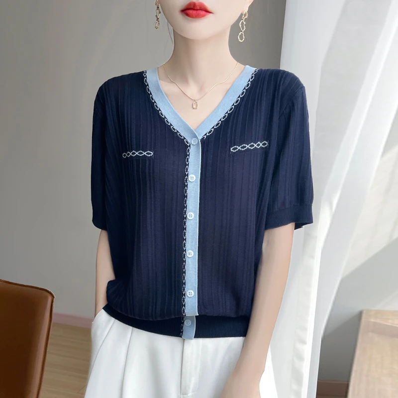 高级感撞色V领莱赛尔针织短袖T恤女夏8554新款轻薄透气假开衫上衣