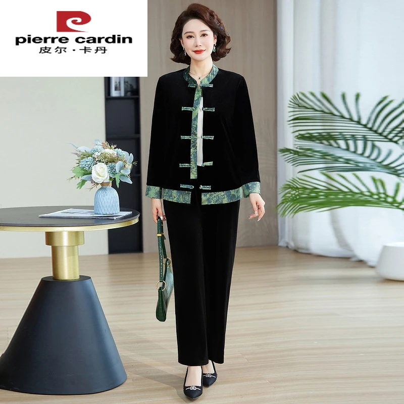 皮尔卡丹中年妈妈春装中式套装2025新款中老年女春秋季仿金丝绒两