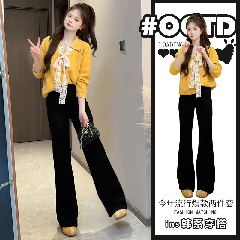 少女感别致穿搭两件套2025年新款设计感蕾丝拼接针织衫黑色裤子潮