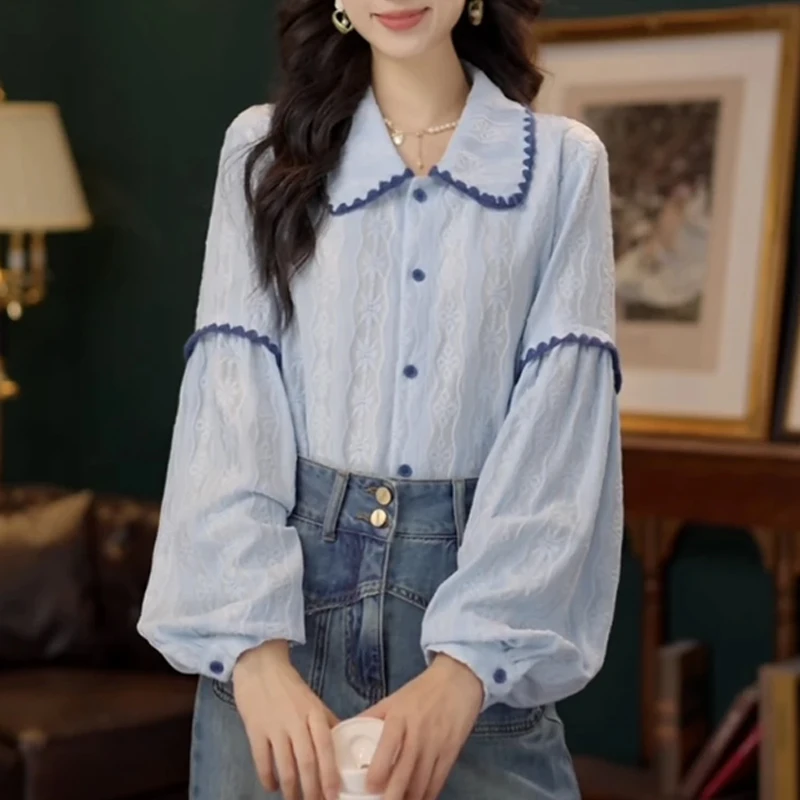 港风复古蓝色提花长袖衬衫女春秋新款宽松显瘦开衫设计感上衣