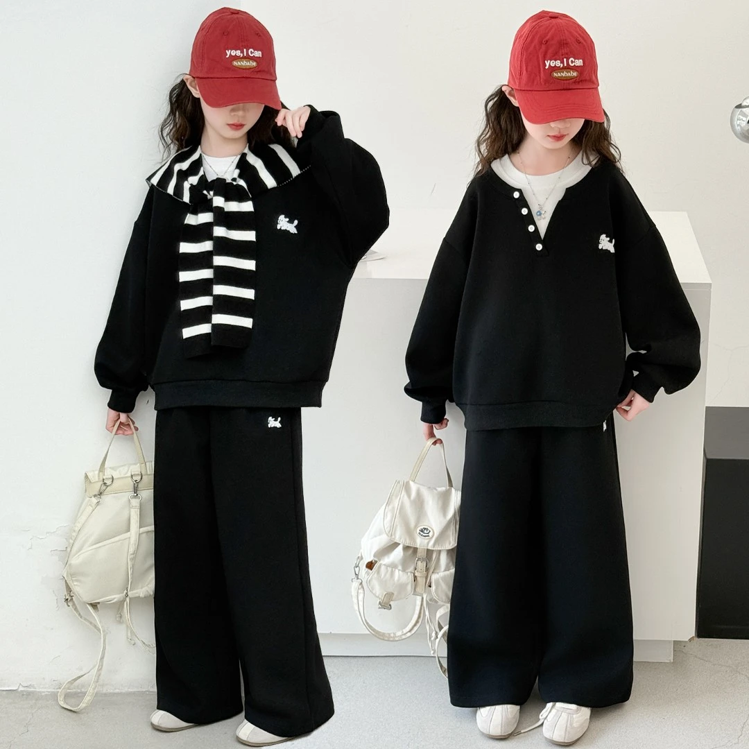 女童披肩套装2025新款6-15岁小女孩时尚洋气假两件卫衣卫裤两件套