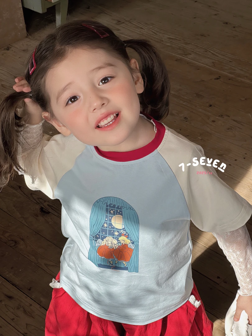 7Seven女童夏季新款女童女宝公主梦蓝白相拼短袖
