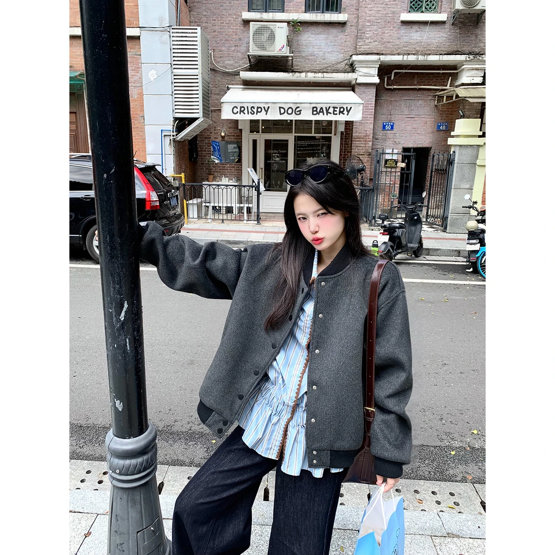 小仙倪子小个子外套女款秋冬休闲灰色夹克球服BD毛呢外套254C3438