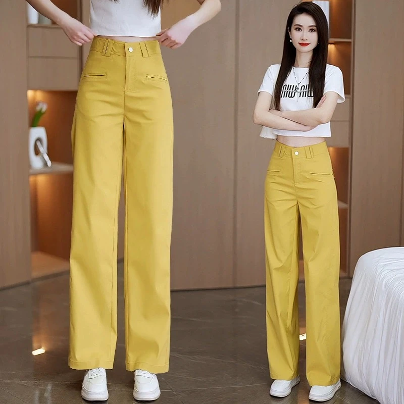 天丝西装直筒裤女2025夏季新款薄款高腰休闲裤时尚黄色阔腿裤子