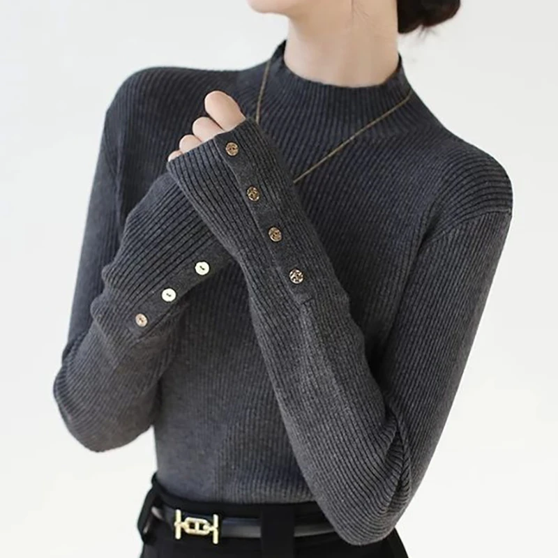 上衣袖口纽扣半高领针织衫女秋冬新款气质坑条显瘦内搭毛衣打底衫