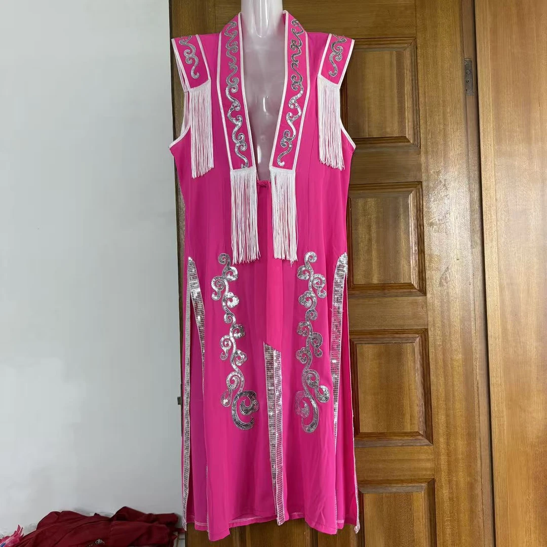 新款侧边开叉亮片秧歌长坎男女同款流苏大衫大褂