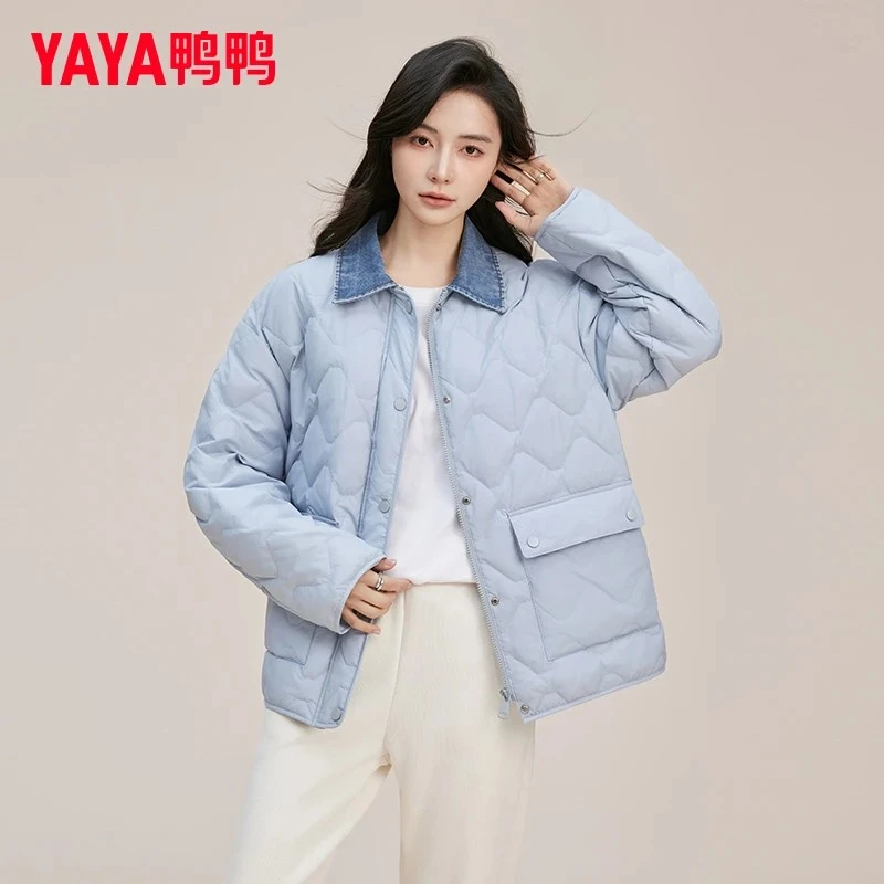 YAYA/鸭鸭短款假两件牛仔拼接羽绒服女秋冬小众设计轻薄时尚外套