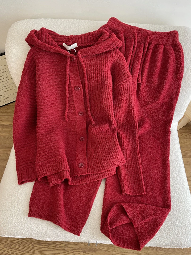 【DMXJ大梦想家】韩系简约少女半边绒睡衣女秋冬新款针织家居服套装