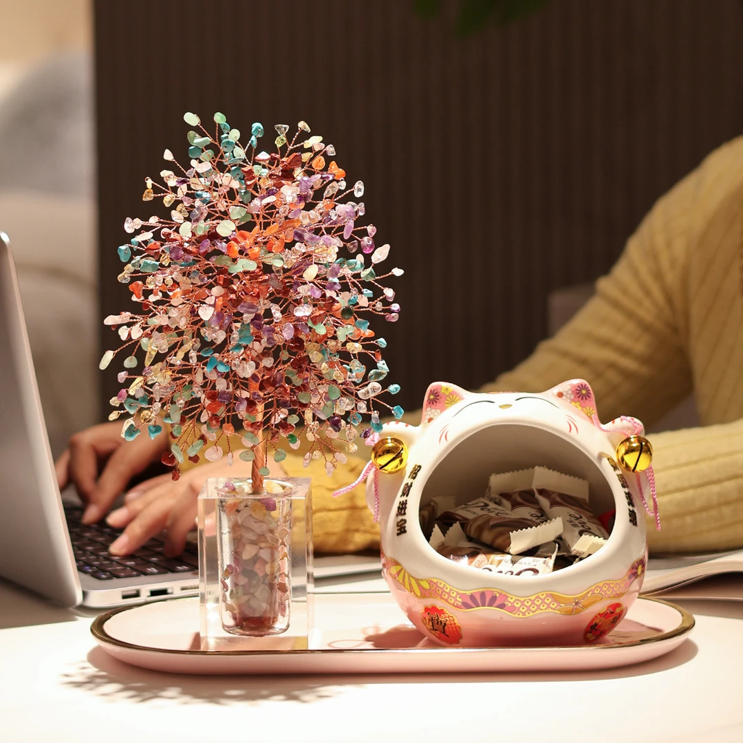 水晶发财树招财猫客厅装饰钥匙收纳玄关摆件高档新家乔迁新居礼物