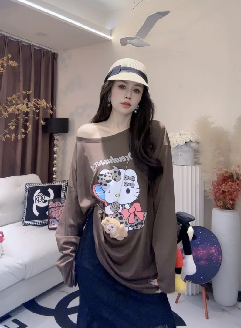 L.X~韩版新款可爱卡通猫猫印花防晒罩衫上衣女斜肩长袖T恤6736