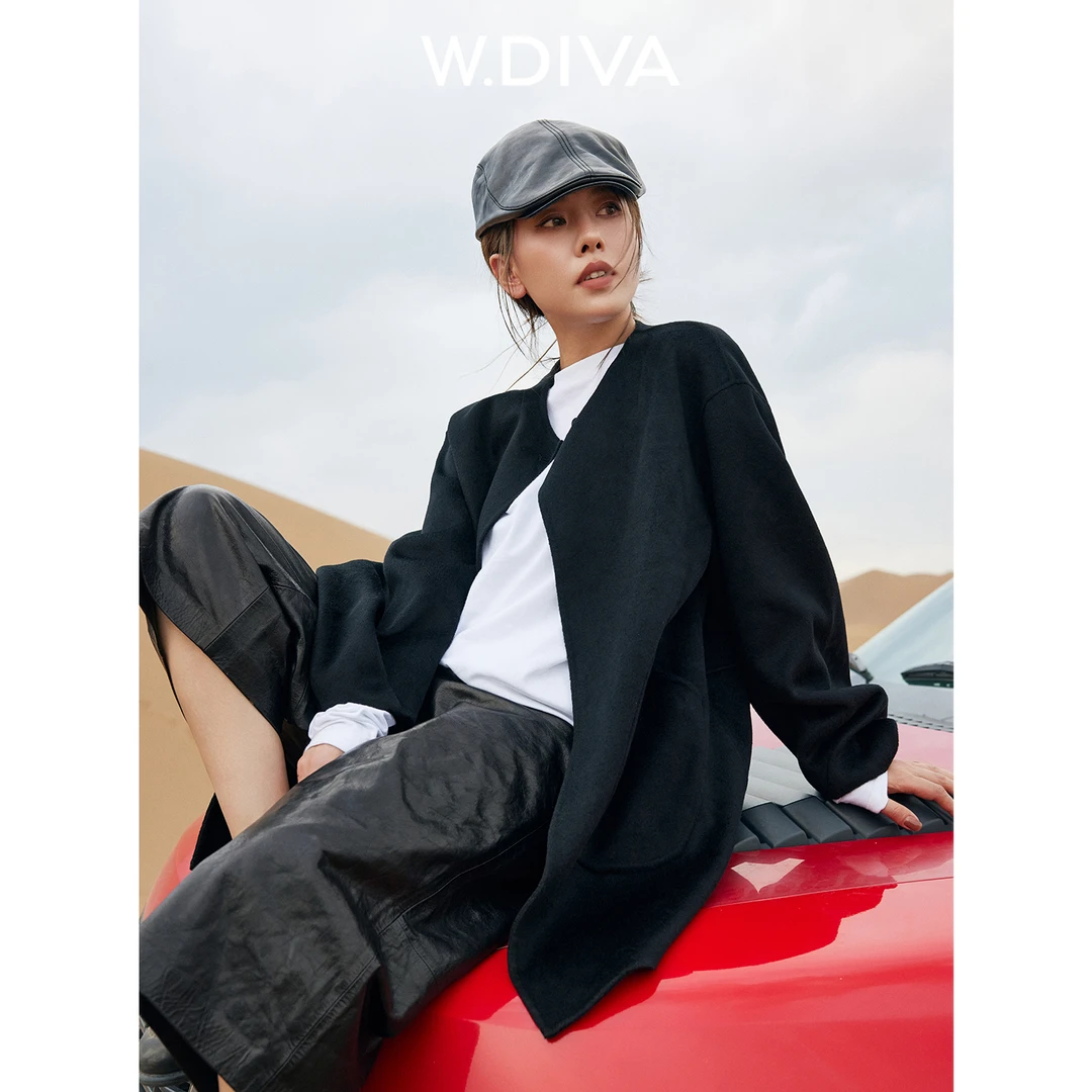 W.Diva【云幕】桑蚕丝山羊绒羊毛细腻单褶袖圆领单扣大衣54C152666