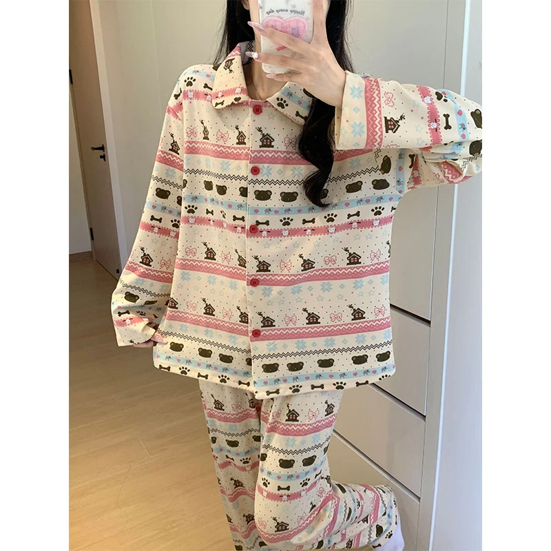 Meng luan/梦鸾春秋季多巴胺卡通小熊德绒睡衣女冬季长袖居家套装