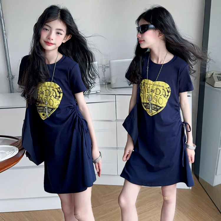 女童夏季连衣裙2025新款时髦洋气收腰抽绳显瘦裙子送包包童装