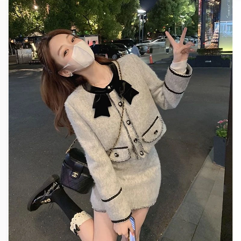 高级感小香风毛呢套装裙2025早秋韩剧气质名媛蝴蝶结拼接两件套女