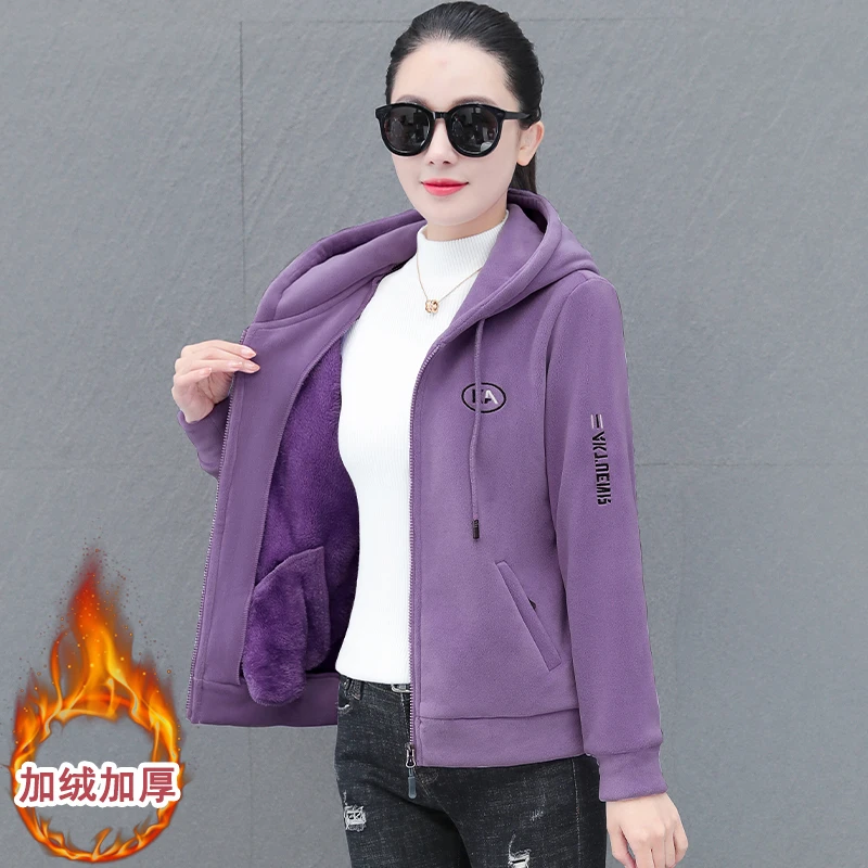 中老年妈妈秋冬装时尚加绒加厚连帽卫衣中年女休闲保暖开衫外套