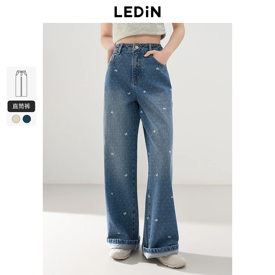 乐町蝴蝶结波点图案牛仔裤2025春季新款直筒长裤高腰窄版阔腿裤子