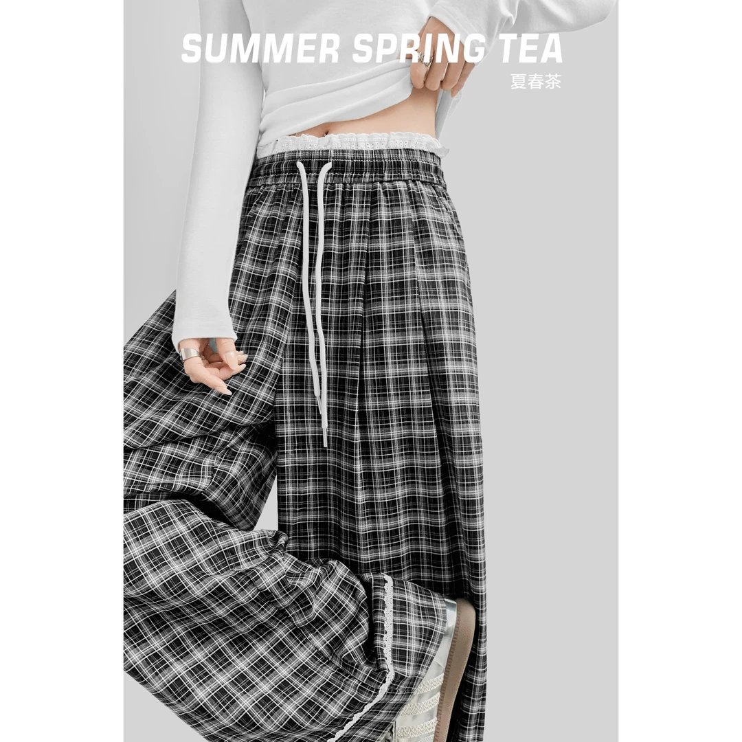 夏春茶花边格纹裤2025新款慵懒风垂感直筒宽松格子阔腿休闲裤女