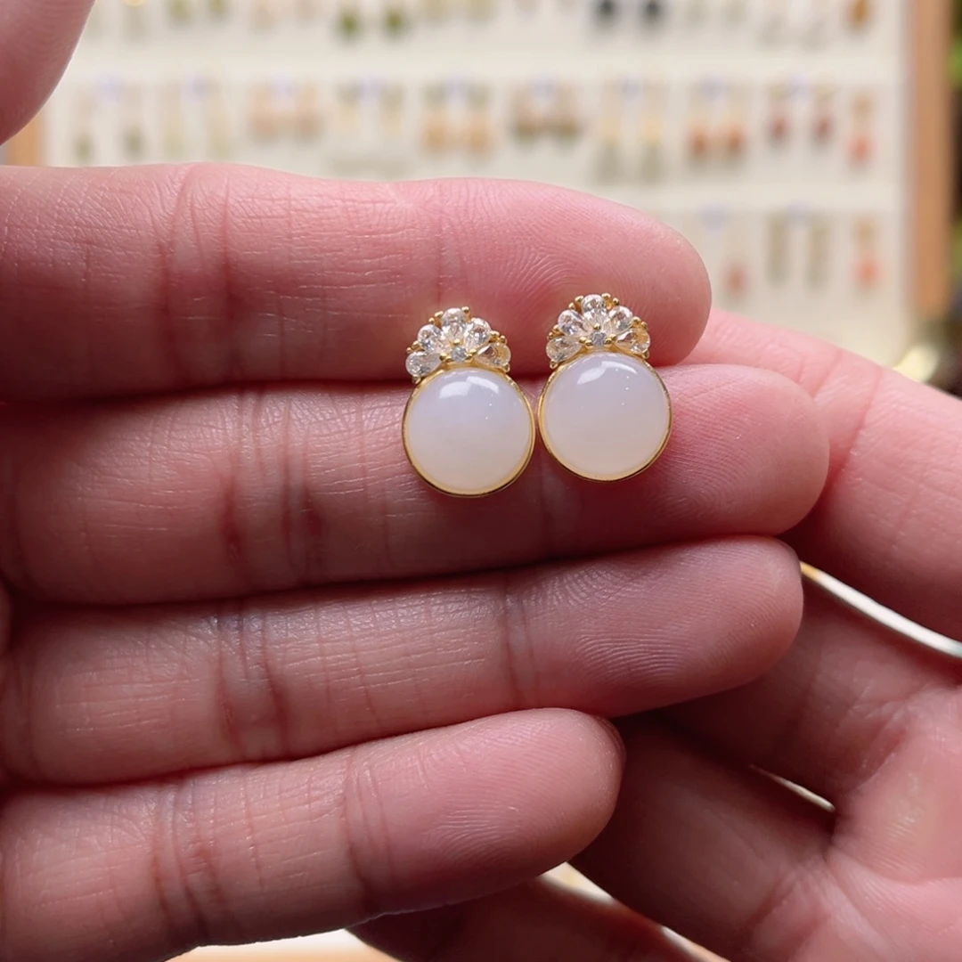 和田玉银S925镶嵌耳饰