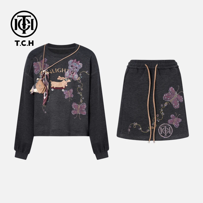TCH私服烫钻工艺秋季纯欲慵懒风时尚套装女T75C07E1055轻奢tch