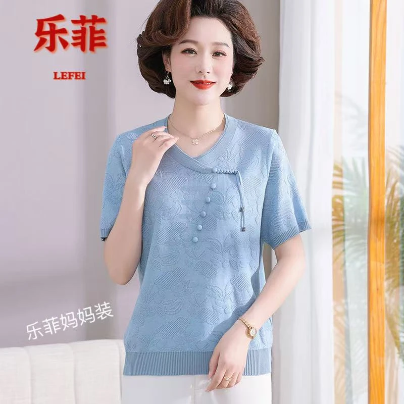 新中式妈妈夏装新款中老年针织短袖时尚女装纽扣提花宽松小衫
