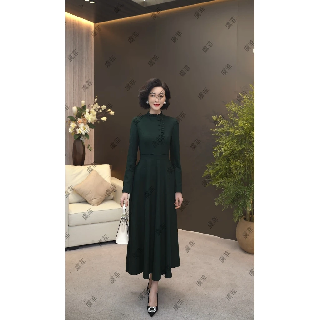 新款砂金绿保暖弹力针织呢木耳边立领高奢A摆连衣裙WF3163