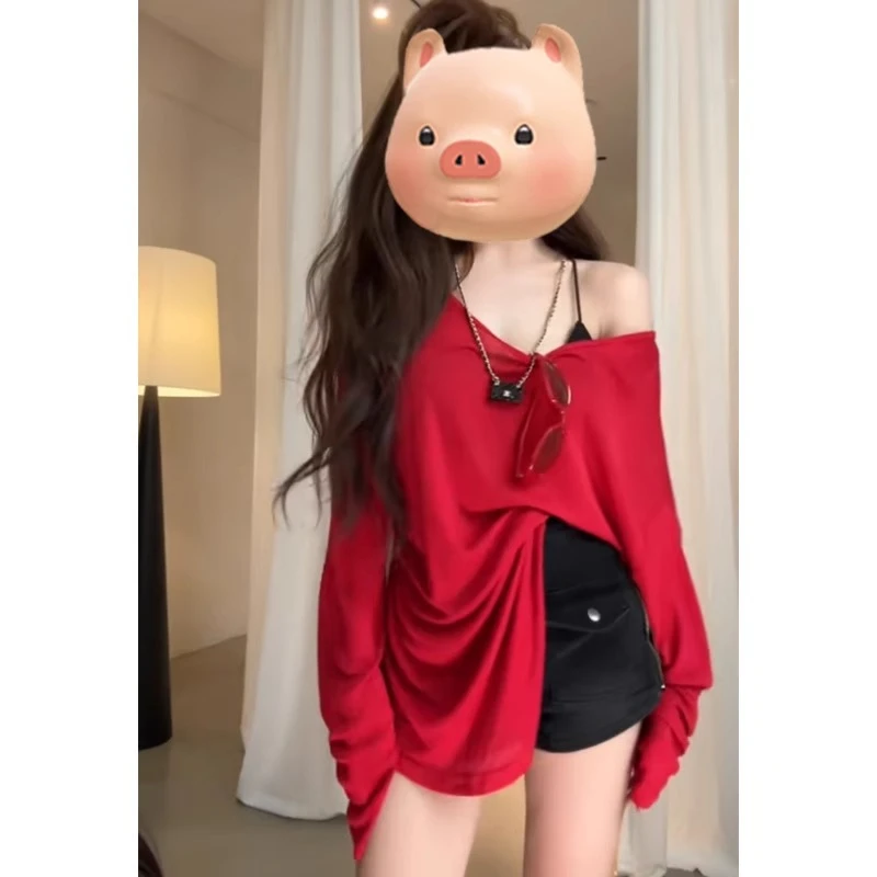 红色一字肩薄款防晒长袖面膜t恤女夏季2025新款外搭空调罩衫上衣