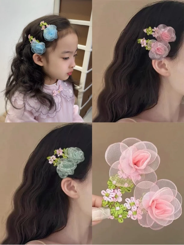 超仙网纱花朵发夹甜美粉色头花田园风氛围感刘海夹少女心侧边发夹