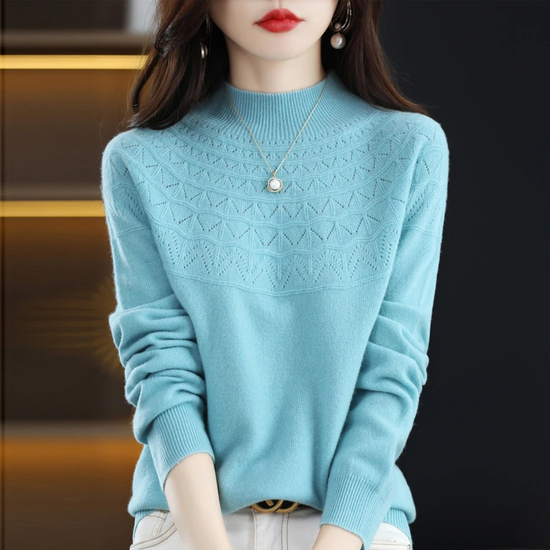 一线成衣100%纯羊毛衫女半高领时尚镂空针织打底秋冬宽松长袖毛衣