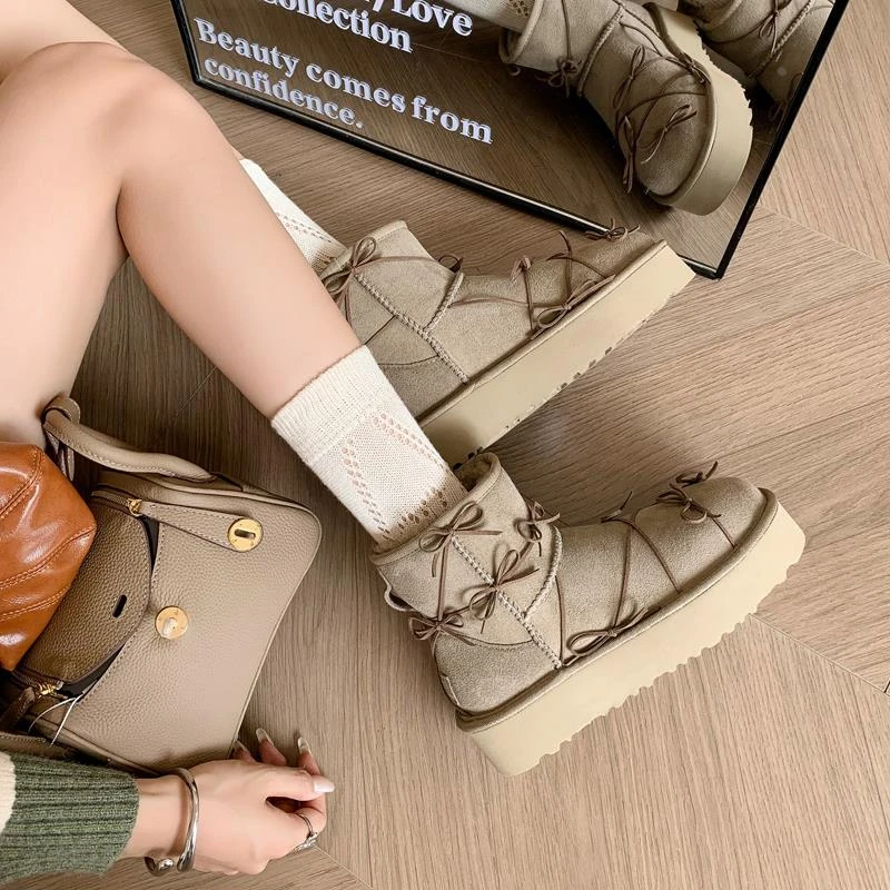 纯手工设计感蝴蝶结短筒雪地靴女款羊皮毛一体加绒加厚保暖棉鞋