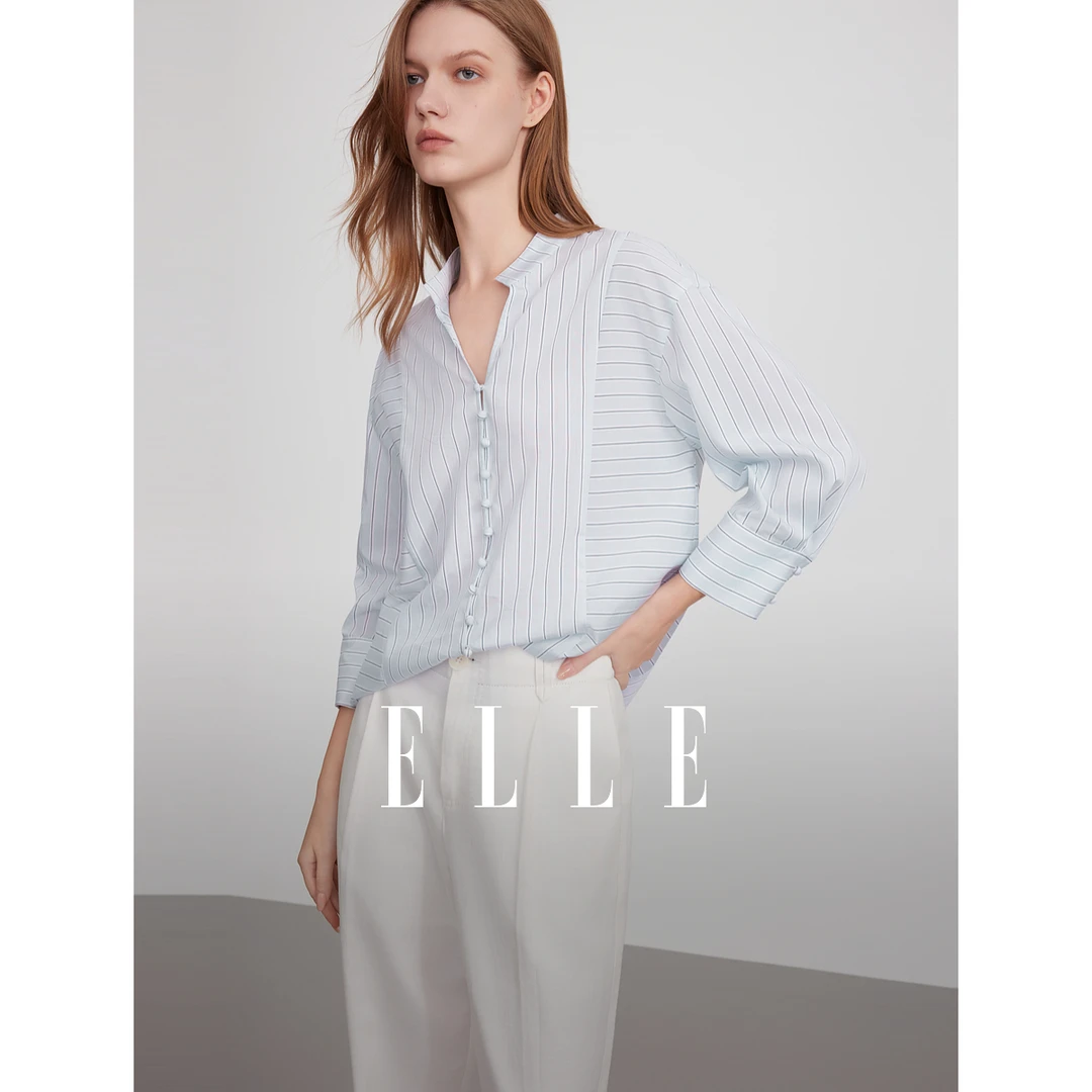 【黄蓉推荐】ELLE条纹拼接通勤衬衫女2025夏季新款宽松休闲风时髦EC