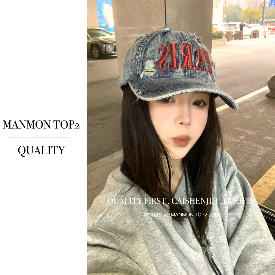 原版美式字母刺绣做旧牛仔棒球帽辣妹街头复古大头围宽檐鸭舌帽