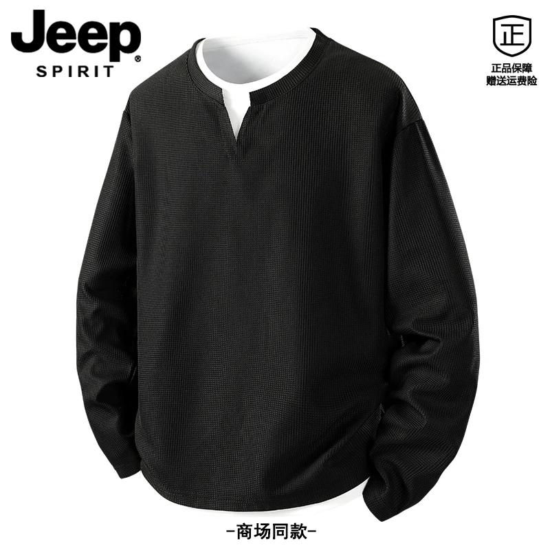 JEEP SPIRIT吉普美式亨利领假两件t恤男春季华夫格纯色长袖卫衣