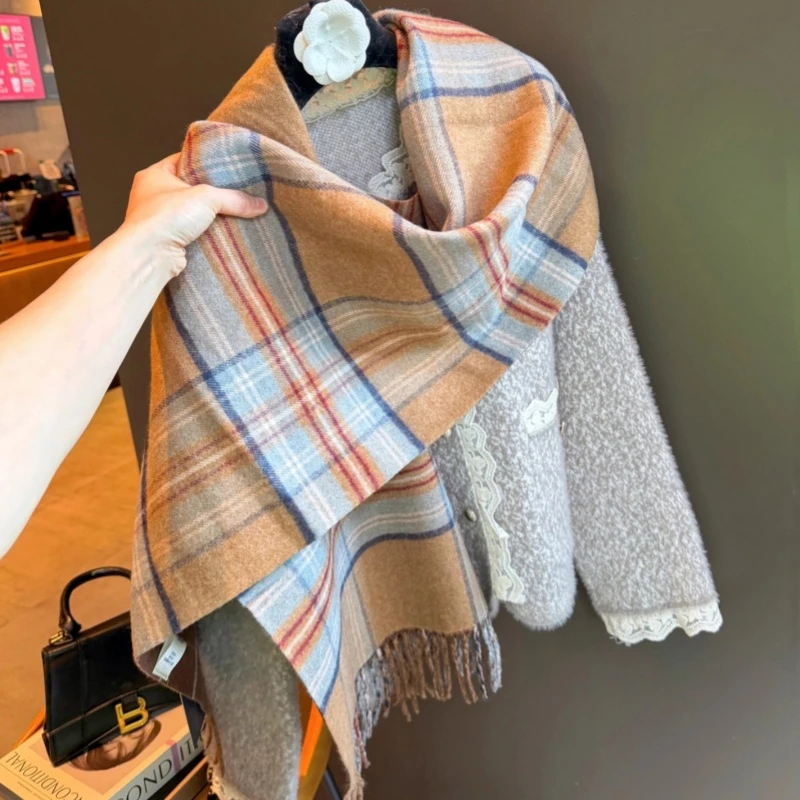 Miss Silas英伦格纹加厚双面格子羊毛围巾女学生保暖围脖冬季流苏