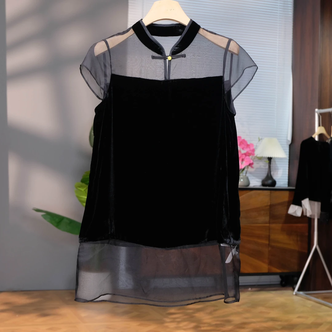 真丝丝绒拼接欧根纱上衣夏季新款立领气质高级感桑蚕丝衬衫