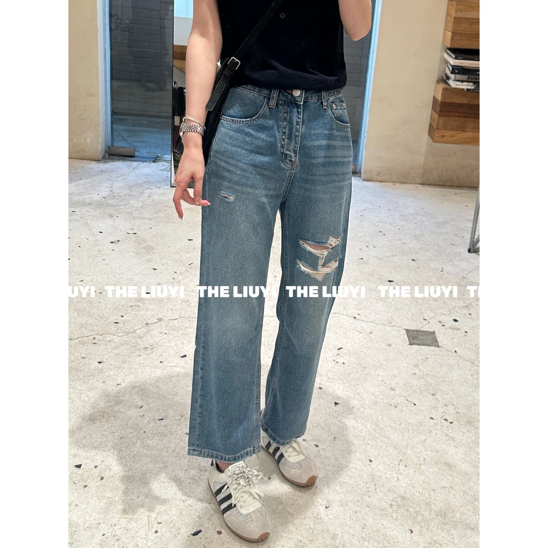 【LIUYI】夏季九分烟管破洞高腰牛仔裤560217
